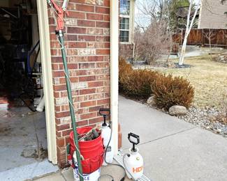 Garden Lot: Long Branch Trimmer, Two Fertilizer Sprayers Plus Bucket Full of Essential Gardening Tools