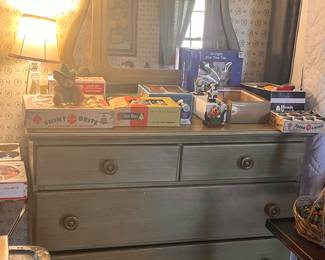 Dresser with mirror, Christmas ornaments and accessories