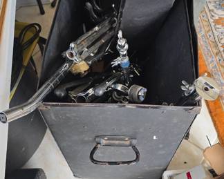 large collection of drums, speakers, stands, wires and awesome vintage microphones 