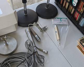 large collection of drums, speakers, stands, wires and awesome vintage microphones 