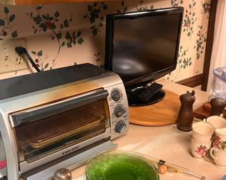 Toaster oven, tv, dishware