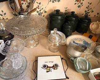 Cake stand, crystal bowls, flour and sugar containers