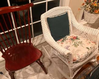 Wicker rocking chair and wooden chair