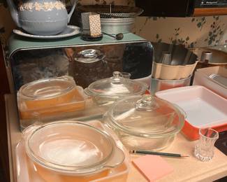 Glassware and bakeware, bread box and tea kettle