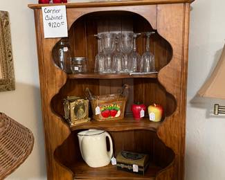 Oil lamps, misc items, corner cabinet
