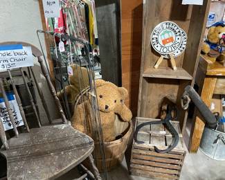 Old farm chair, bushel basket, Ice carrier, egg crate, large mirror
