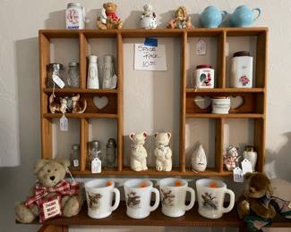 Spice rack, shakers, fire-king mugs