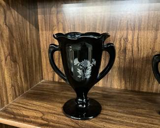 L.E. Smith Black Amethyst Glass Tropy Vase w/Silver Floral Overlay 