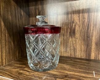 Indiana Glass gazebo Barrel Jar w/Ruby Flash Rim & Lid