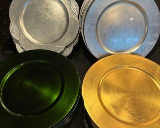 Gold Silver And Green Plastic Chargers