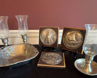Vintage Norwegian Pewter Wall Plaques Arthur Court Bowl Candle Holders