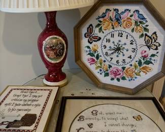 Pocelain Lamp And Needlepoint Art