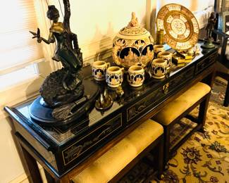 Mid Century Drexel Et Cetra Chinoiserie console table with 2 stools