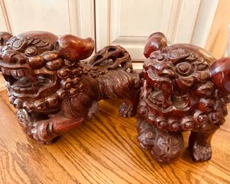 Carved hardwood Foo Dog Pair
