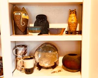 Blenko Owl bookends, pottery, cat statue, nesting cat