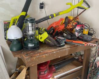 Coleman lanterns, Ryobi, Black + Decker, Schmauch, Toro... tools