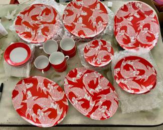 Fitz & Floyd FF Ceramic dinnerware set Koi goldfish design in tangerine!