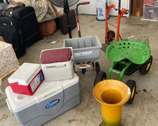 Vintage umbrella stand, Coleman coolers, True Temper Broadcast SB3000 USA, green Rolling Tray Gardening Planting with work seat garden cart, fan...