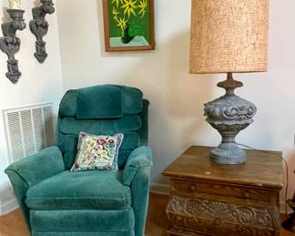 Teal recliner, signed art, matching lamp and wall candle scones, side table