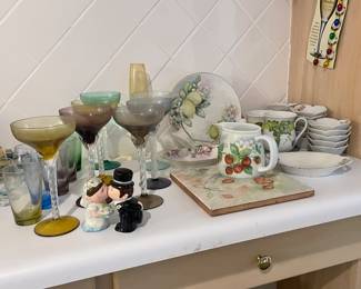 Great vintage colored glass stemware, salt and pepper shakers, painted China... (China painting or porcelain painting: the art of painting on ceramics)