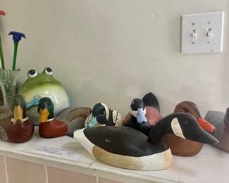 Large frog, glass flowers in vase, hand carved, painted and signed ducks