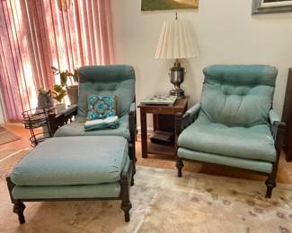 Two wood carved Victorian chairs with matching ottoman, side table, lamp...