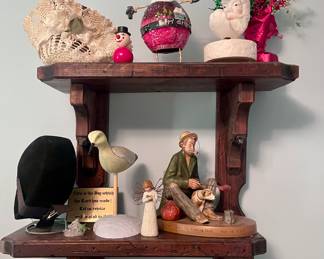 Wood wall shelf displaying vintage hat, carved bird, willow tree angel, Christmas...