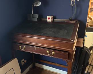 Drafting desk with pullout trays and drawers, top opens