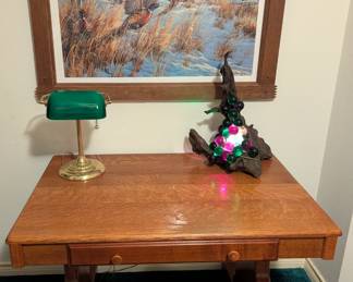 Oak Desk, Framed Puzzle, Desk Lamp, Drift Wood Glass Grapes