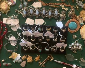 Sterling silver rings, some with turquoise. Vintage costume jewelry.