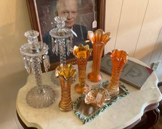 Better than average carnival slung glass vases, possibly Rindskopf.