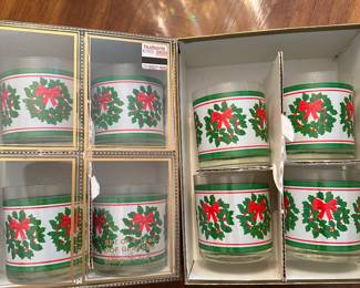 Here are two sets of four Georges Briard Christmas glasses in their original boxes. They don’t look like they’ve ever been used in our mint condition!