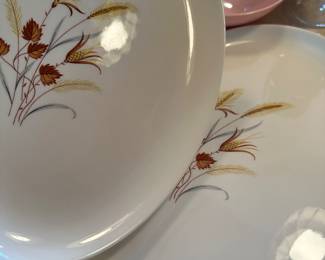 The two oval platters in the middle of the picture are made by Taylor Smith and Taylor! They were produced between 19 50 90, 1967 and the pattern is called Wind and Weather Autumn dinner platter!