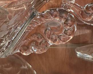A beautiful set of etched crystal. Platters, Candelabras, bowls, and stemware!