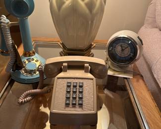Beautiful end table lamp great push button phone, but over to the left is a superb vintage mint condition brand new princess phone and it’s aqua color! I literally took it out of the box to place it on this table