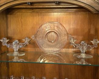 A beautiful set of etched crystal. Platters, Candelabras, bowls, and stemware!