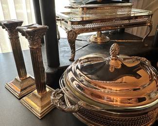 Another small round chafing dish with a pair of beautiful candlesticks