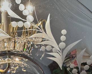 Close up of the pattern. A beautiful set of etched crystal. Platters, Candelabras, bowls, and stemware!