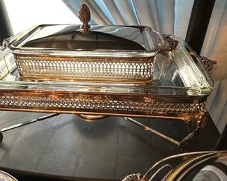 A pair of oblong, chafing dish, one large without lid, one small width lid