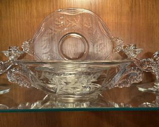 A beautiful set of etched crystal. Platters, Candelabras, bowls, and stemware!