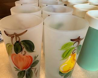 This is a fantastic set of eight mid 20th century Hazel Atlas frosted glass tumbler! They were known for their frosted finish and hand, painted fruit designs, often featuring pears and grapes! These are manufactured in the 1940s to 1960s! They are an excellent condition