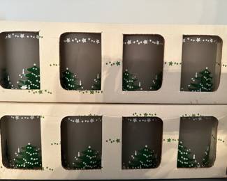 Here are two sets of four rare vintage Tenbrooks Christmas tree frosted glasses 14 ounce tumblers, pristine in their original boxes!