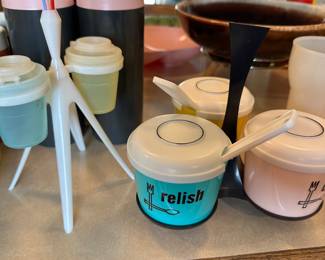 On the Left - a sweet vintage Tupperware S&P and Toothpick holder! On the Right - a Fantastic MCM Vintage condiment set! Both in excellent condition!