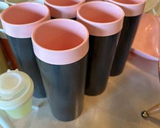 A fantastic set of six black and pink vintage mid-century, modern Thermo-serve tumblers!