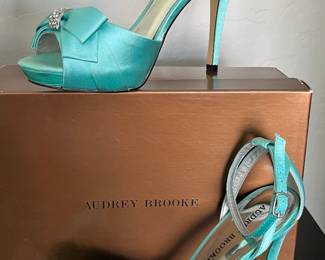Audrey Brooke Turquoise Satin Dress Shoe w Rhinestones 