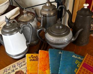 graniteware tea & coffee pots, Rod Mc Kuen book collection 
