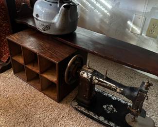 kettle, wood box I sewing machine 