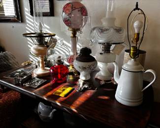 oil & electric lamps, library table