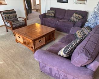 Purple sofa and loveseat  has been sold during pre-sale. wood arm chair and large square storage coffee table available 