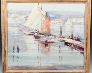 1p 1225 Arnold Turtle Oil on Canvas Sailboats at Dock